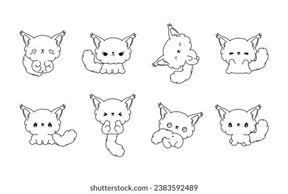 Collection of Vector Cartoon Maine Coon Cat Coloring Page. Set of Kawaii Isolated Kitty Outline for Stickers, Baby Shower, Coloring Book, Prints for Clothes. 