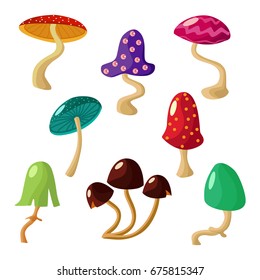 Collection of vector cartoon mushrooms illustration. Different toadstools isolated over white background for you design.