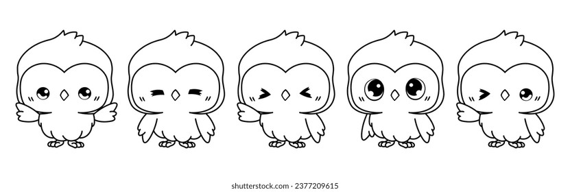 Collection of Vector Cartoon Owl Coloring Page. Set of Kawaii Isolated Animal Outline for Stickers, Baby Shower, Coloring Book, Prints for Clothes. 