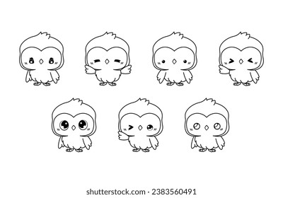 Collection of Vector Cartoon Owl Coloring Page. Set of Kawaii Isolated Animal Outline for Stickers, Baby Shower, Coloring Book, Prints for Clothes. 