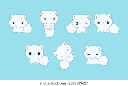 Kollektion von Vector Cartoon Persian Kitty Art. Set von Kawaii isolierten Katalogillustrationen für Kleidung, Aufkleber, Babydusche, Farbseiten. 