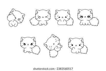 Collection of Vector Cartoon Persian Kitty Coloring Page. Set of Kawaii Isolated Cat Outline for Stickers, Baby Shower, Coloring Book, Prints for Clothes. 