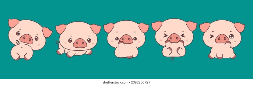 Collection of Vector Cartoon Pig Art. Set of Kawaii Isolated Animal Illustrations for Prints for Clothes, Stickers, Baby Shower, Coloring Pages. 