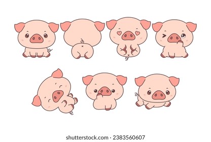 Collection of Vector Cartoon Pig Art. Set of Kawaii Isolated Animal Illustrations for Prints for Clothes, Stickers, Baby Shower, Coloring Pages. 