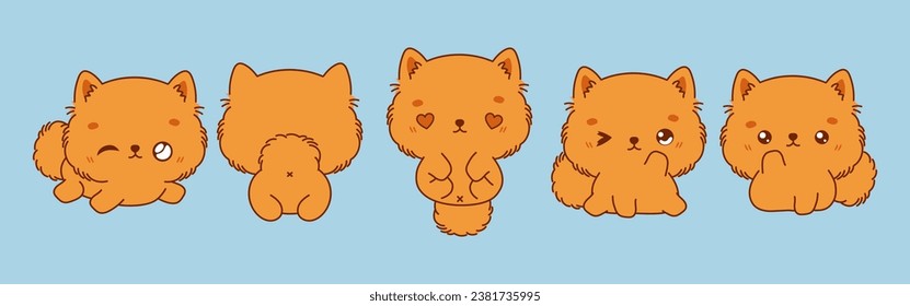 Collection of Vector Cartoon Pomeranian Spitz Art. Set of Kawaii Isolated Dog Illustrations for Prints for Clothes, Stickers, Baby Shower, Coloring Pages. 