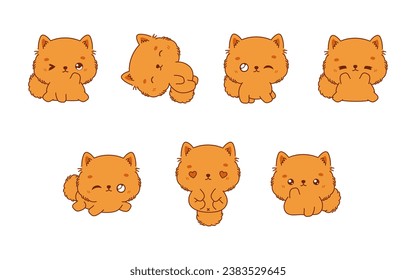 Collection of Vector Cartoon Pomeranian Spitz Art. Set of Kawaii Isolated Dog Illustrations for Prints for Clothes, Stickers, Baby Shower, Coloring Pages. 