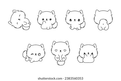 Collection of Vector Cartoon Pomeranian Spitz Coloring Page. Set of Kawaii Isolated Dog Outline for Stickers, Baby Shower, Coloring Book, Prints for Clothes. 