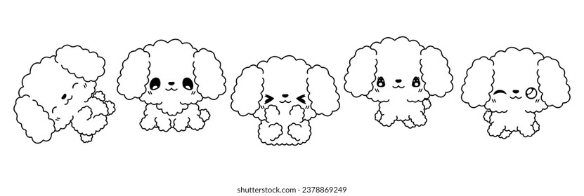 Collection of Vector Cartoon Poodle Dog Coloring Page. Set of Kawaii Isolated Dog Outline for Stickers, Baby Shower, Coloring Book, Prints for Clothes. 