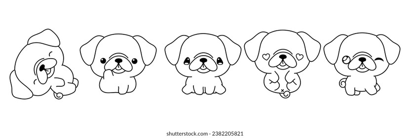 Collection of Vector Cartoon Pug Dog Coloring Page. Set of Kawaii Isolated Puppy Outline for Stickers, Baby Shower, Coloring Book, Prints for Clothes. 