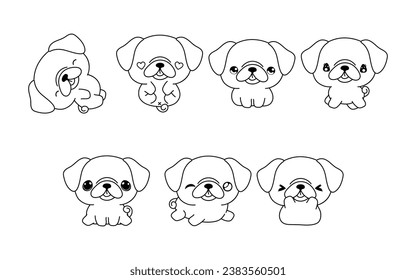 Collection of Vector Cartoon Pug Dog Coloring Page. Set of Kawaii Isolated Puppy Outline for Stickers, Baby Shower, Coloring Book, Prints for Clothes. 