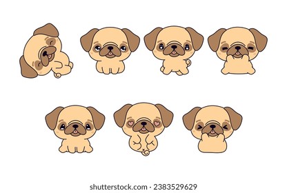Collection of Vector Cartoon Pug Puppy Art. Set of Kawaii Isolated Animal Illustrations for Prints for Clothes, Stickers, Baby Shower, Coloring Pages. 