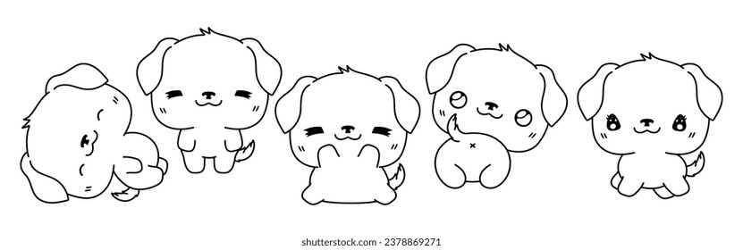 Collection of Vector Cartoon Puppy Coloring Page. Set of Kawaii Isolated Rottweiler Dog Outline for Stickers, Baby Shower, Coloring Book, Prints for Clothes. 