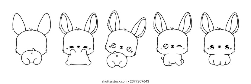 Collection of Vector Cartoon Rabbit Coloring Page. Set of Kawaii Isolated Hare Outline for Stickers, Baby Shower, Coloring Book, Prints for Clothes. 