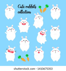 Collection of vector cartoon rabbits. Funny stickers. Cute Doodle Background. Template for print, web design. Emoji set
