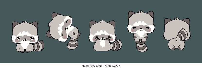 Collection of Vector Cartoon Raccoon Art. Set of Kawaii Isolated Forest Animal Illustrations for Prints for Clothes, Stickers, Baby Shower, Coloring Pages