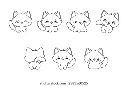 Collection of Vector Cartoon Ragdoll Kitty Coloring Page. Set of Kawaii Isolated Baby Animal Outline for Stickers, Baby Shower, Coloring Book, Prints for Clothes. 