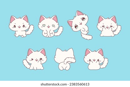 Collection of Vector Cartoon Ragdoll Kitty Art. Set of Kawaii Isolated Baby Animal Illustrations for Prints for Clothes, Stickers, Baby Shower, Coloring Pages. 