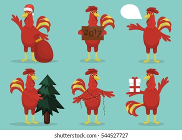 Collection of vector cartoon rooster character, symbol of 2017 year in various poses and emotions. Concept of Happy New Year.