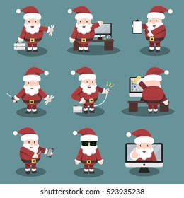 Collection of vector cartoon Santa Claus character in repair, computer marketing and online support service. Concept of Happy New Year and Christmas.