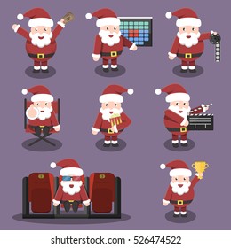 Collection of vector cartoon Santa Claus character in cinema. Concept of Happy New Year and Christmas.