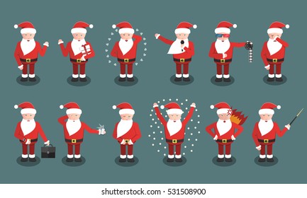 Collection of vector cartoon Santa Claus character in different poses and emotions. Concept of Merry Christmas and Happy New Year.