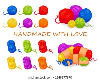 Collection of vector cartoon sewing items. Multi-colored wool balls. For handmade shop and other knit design project. Cute Vector Collection.