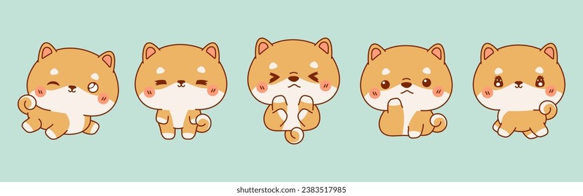 Collection of Vector Cartoon Shiba Inu Puppy Art. Set of Kawaii Isolated Baby Dog Illustrations for Prints for Clothes, Stickers, Baby Shower, Coloring Pages. 