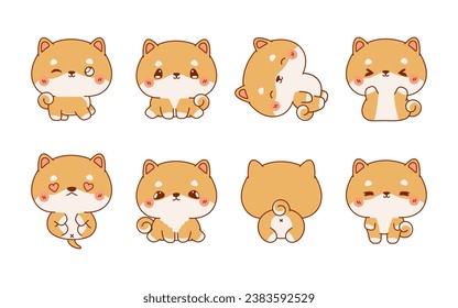 Collection of Vector Cartoon Shiba Inu Puppy Art. Set of Kawaii Isolated Baby Dog Illustrations for Prints for Clothes, Stickers, Baby Shower, Coloring Pages. 