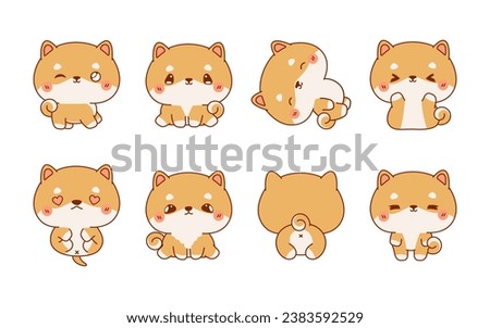 Collection of Vector Cartoon Shiba Inu Puppy Art. Set of Kawaii Isolated Baby Dog Illustrations for Prints for Clothes, Stickers, Baby Shower, Coloring Pages. 