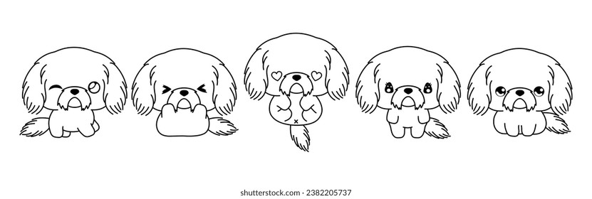 Collection of Vector Cartoon Shih Tzu Dog Coloring Page. Set of Kawaii Isolated Puppy Outline for Stickers, Baby Shower, Coloring Book, Prints for Clothes. 
