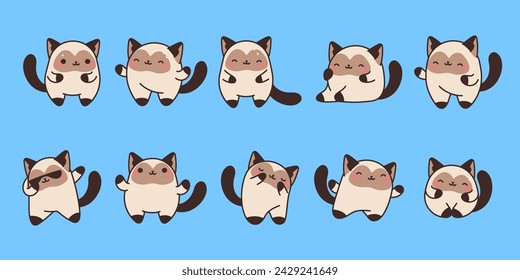 Colección de dibujos animados vectoriales Siame Cat Art. Conjunto de ilustraciones de animales felinos aislados de Kawaii para estampados de ropa, pegatinas, Baby Shower, páginas para colorear.
