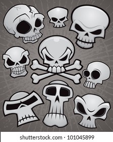 A collection of vector cartoon skulls in various styles.