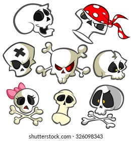 A collection of vector cartoon skulls in various styles. Skull icons. Halloween elements for party decoration