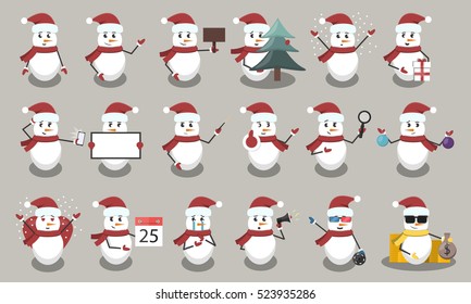 Collection of vector cartoon snowmen character with different situations and poses. Concept of Happy New Year and Christmas.