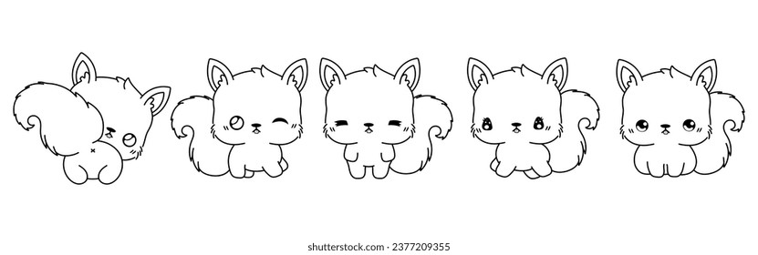 Collection of Vector Cartoon Squirrel Coloring Page. Set of Kawaii Isolated Forest Animal Outline for Stickers, Baby Shower, Coloring Book, Prints for Clothes. 