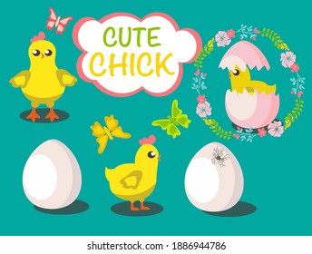 Collection vector cartoon style baby chick and eggs illustration for kids.