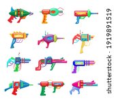 Collection of vector cartoon style flat illustration of futuristic colorful blasters isolated on white background.