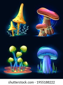 Collection of vector cartoon style magic fantasy  mushrooms glowing in the dark, isolated on white background. For web, video games, user interface, design printing.