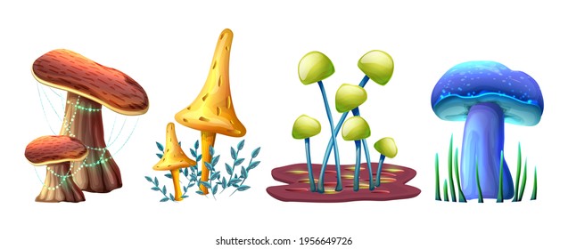 Collection of vector cartoon style magic fantasy  mushrooms, isolated on white background. For web, video games, user interface, design printing.