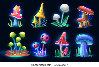 Collection of vector cartoon style magic fantasy  mushrooms glowing in the dark, isolated on white background. For web, video games, user interface, design printing.