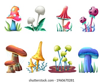 Collection of vector cartoon style magic fantasy  mushrooms, isolated on white background. For web, video games, user interface, design printing.