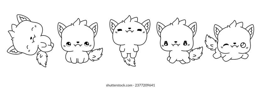 Collection of Vector Cartoon Wolf Coloring Page. Set of Kawaii Isolated Animal Outline for Stickers, Baby Shower, Coloring Book, Prints for Clothes. 