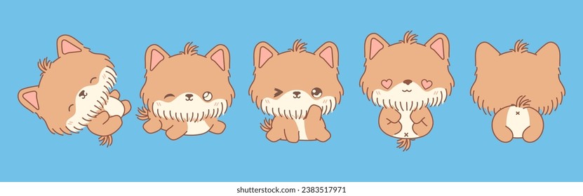 Collection of Vector Cartoon Yorkshire Terrier Puppy Art. Set of Kawaii Isolated Baby Dog Illustrations for Prints for Clothes, Stickers, Baby Shower, Coloring Pages. 