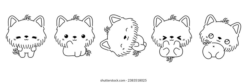 Collection of Vector Cartoon Yorkshire Terrier Puppy Coloring Page. Set of Kawaii Isolated Baby Dog Outline for Stickers, Baby Shower, Coloring Book, Prints for Clothes. 