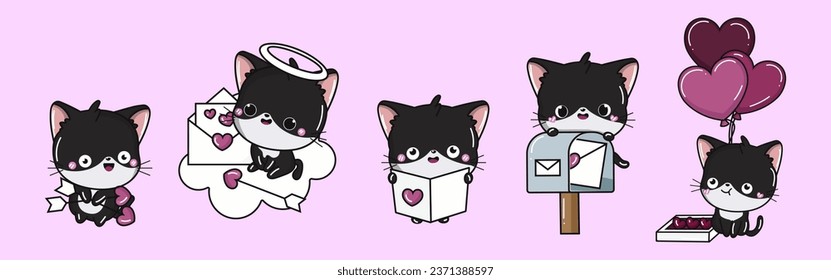 Collection of Vector Cat Art. Set of Isolated Kitten Clipart Illustration. Cute Vector Animals in Love 