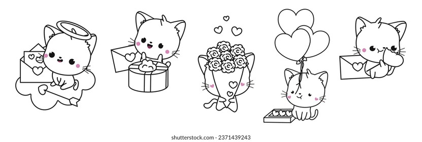 Collection of Vector Cat Outline Art. Set of Isolated Kitten Coloring Page Illustration. Cute Vector Animals in Love for Coloring Book 