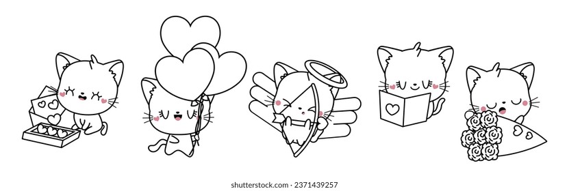 Collection of Vector Cat Outline Art. Set of Isolated Kitten Coloring Page Illustration. Cute Vector Animals in Love for Coloring Book 