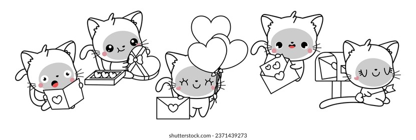 Collection of Vector Cat Outline Art. Set of Isolated Kitten Coloring Page Illustration. Cute Vector Animals in Love for Coloring Book 