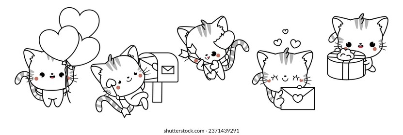 Collection of Vector Cat Outline Art. Set of Isolated Kitten Coloring Page Illustration. Cute Vector Animals in Love for Coloring Book 