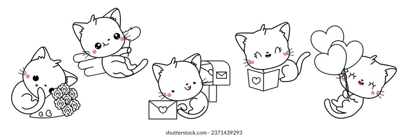 Collection of Vector Cat Outline Art. Set of Isolated Kitten Coloring Page Illustration. Cute Vector Animals in Love for Coloring Book 